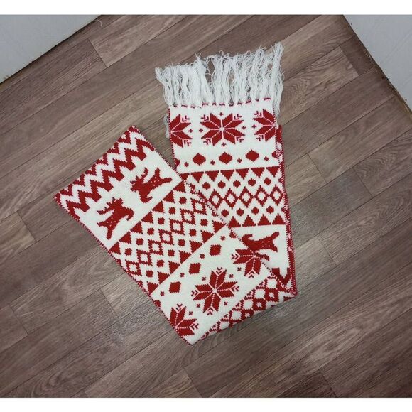Holiday- winter reversible scarf, red white. 60 in x 7.5 in - Picture 1 of 3